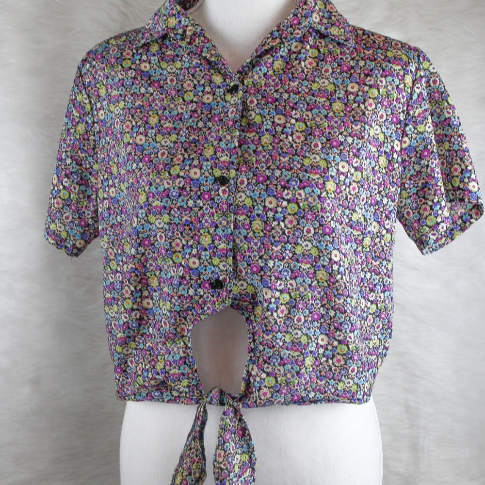 American Apparel Floral Tie Front Button Crop Top